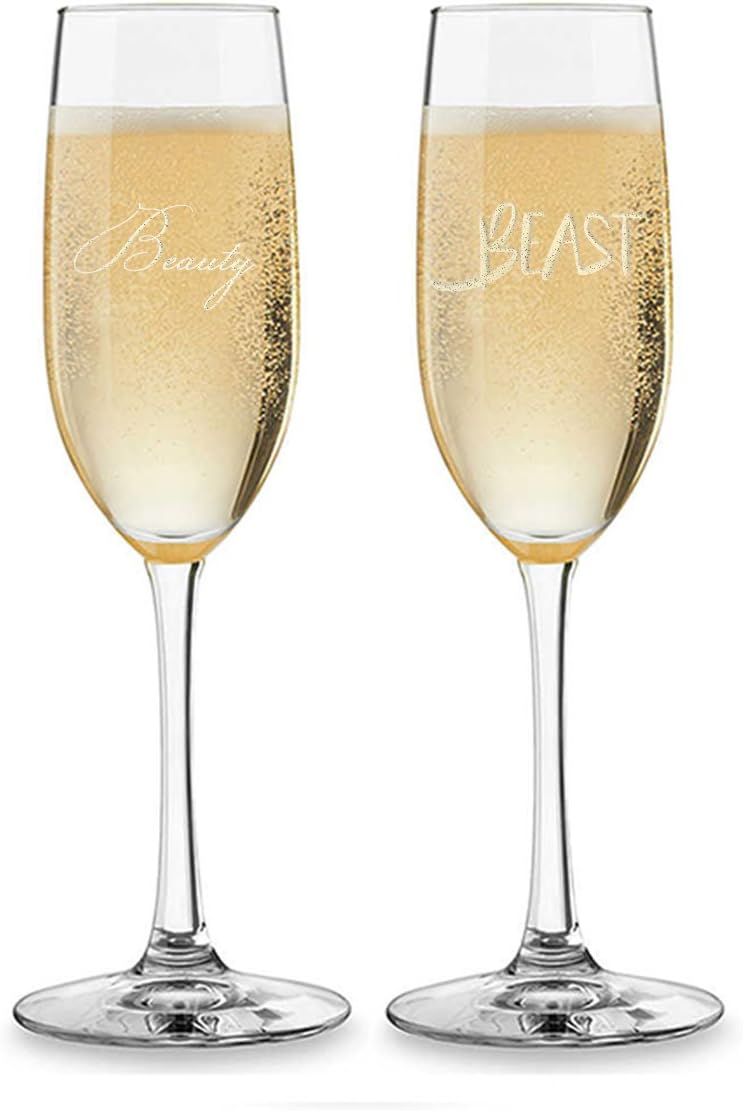 Champagne Flute - Beauty and Beast Crystal Glasses for Toasting - Laser Etching - Set of 2