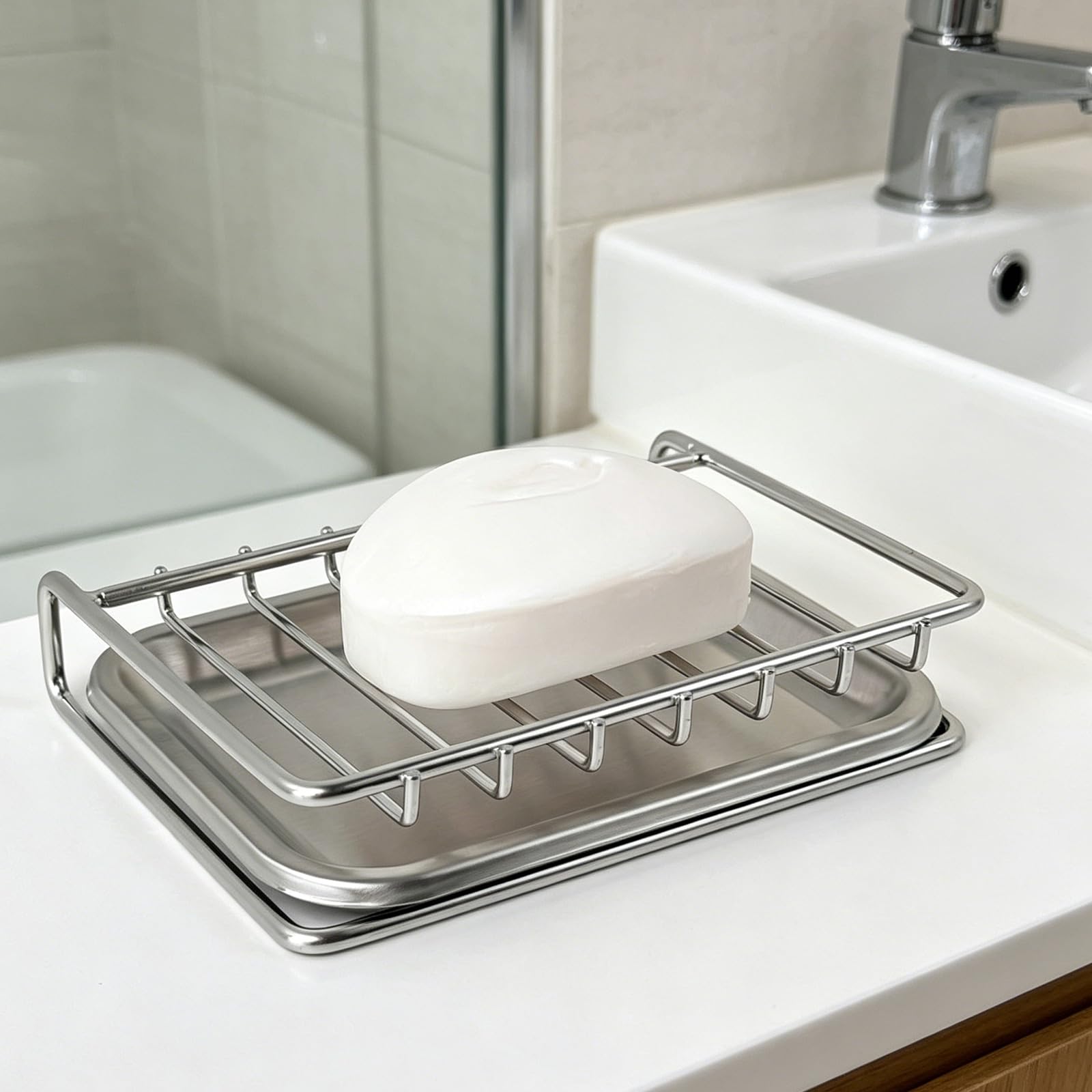 Soap Holder with Drip Tray - Stainless Steel Soap Dish for Shower, Quick Drying Sponge Holder with Drainage for Shower, Kitchen, Sink, Strong & Durable and Rustproof, Easy Cleaning(Silver)