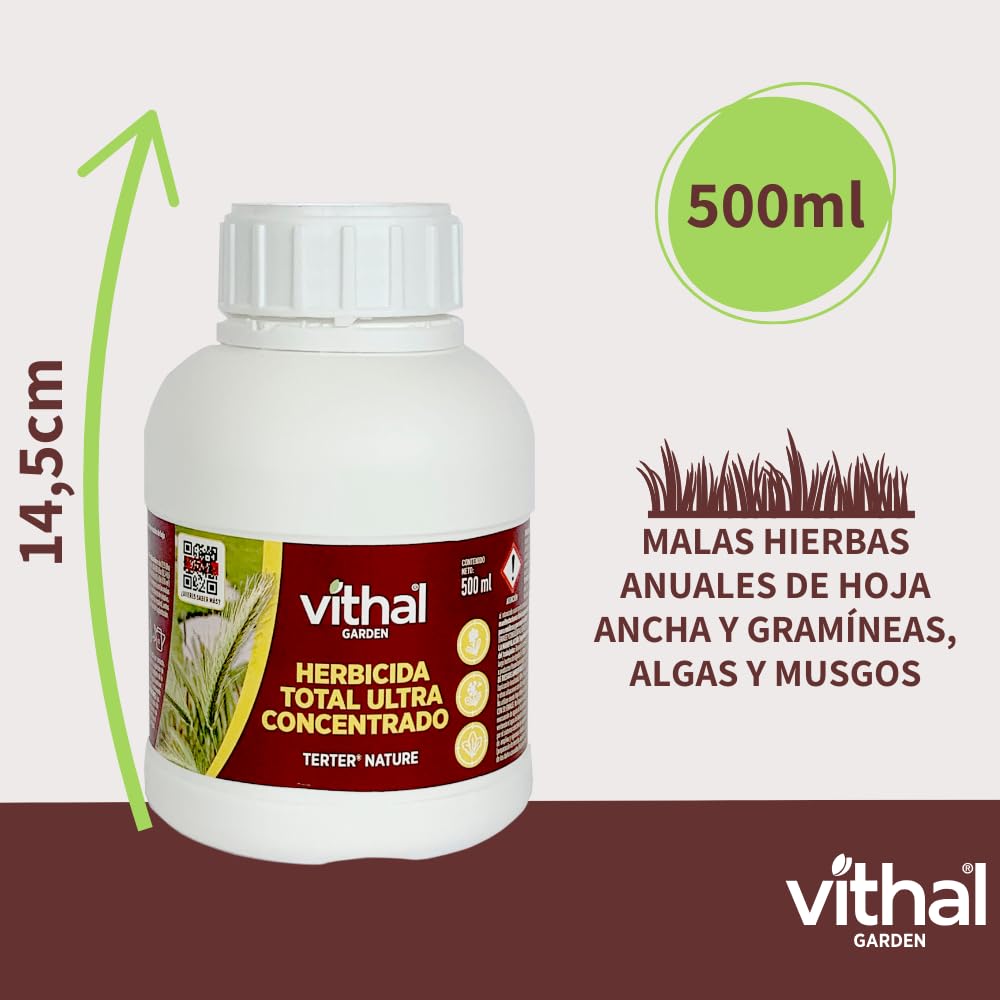 VITHAL Garden Herbicida Total Ultra Concentrado 500 ml - Acción Rápida en 15 Minutos, Eficaz Contra Malas Hierbas y Musgos - Activo 100% Natural, Hasta 250 m², Uso Todo el Año