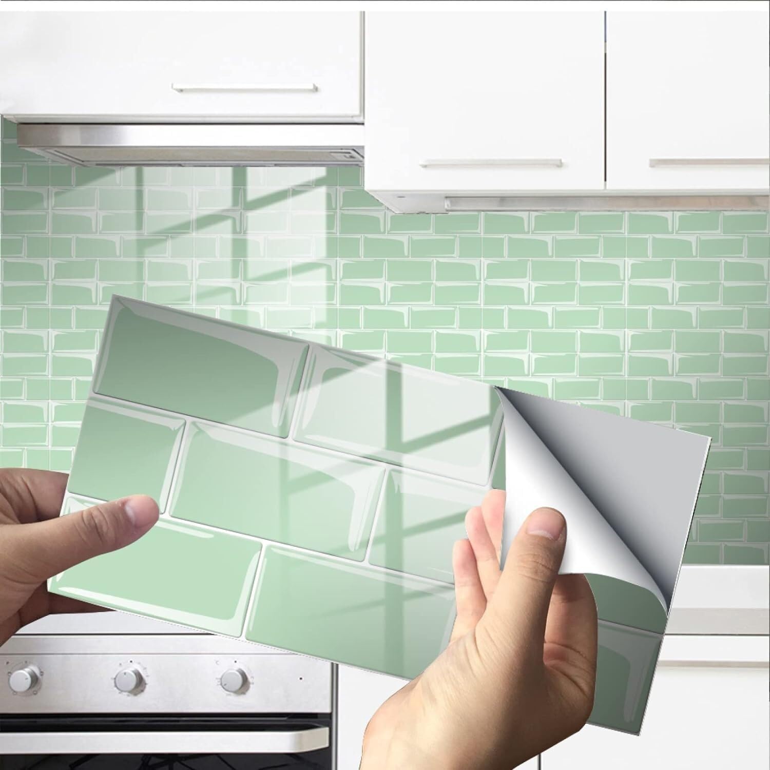 ファッションライトグリーン幾何学壁紙ビニール自己粘着壁タイルキッチン浴室ステッカータイル(16 Pcs/30x15cm)