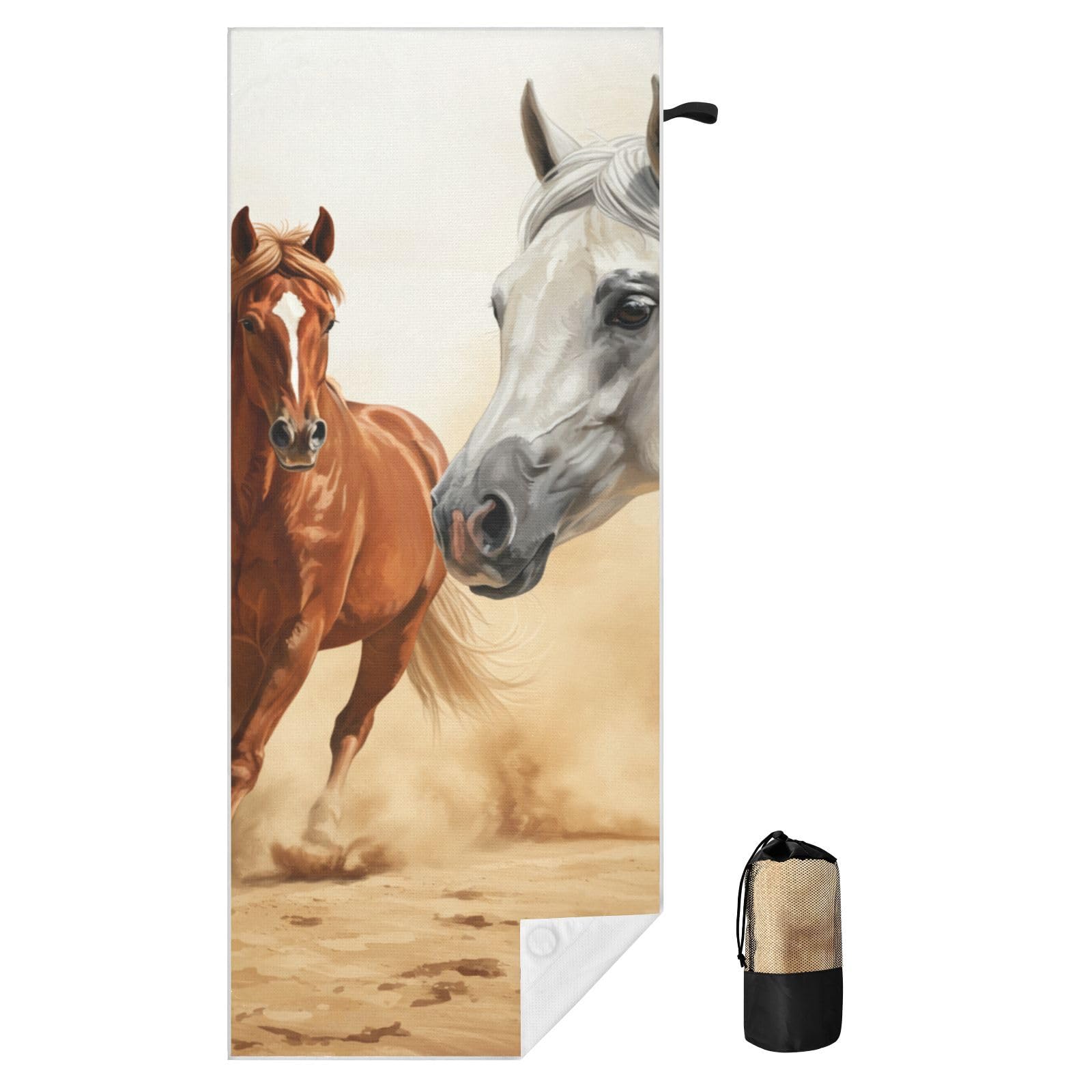 Toallas de playa grandes con bolsas de malla para adultos, toalla de baño de caballo blanco y caballos marrones con cierre magnético, toalla absorbente de secado rápido para piscina, camping y