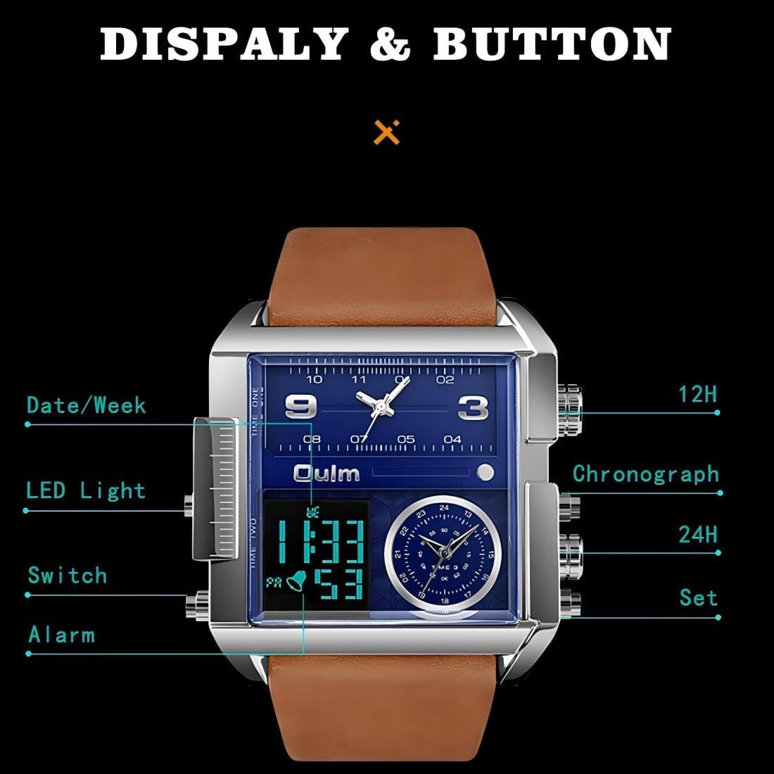 CARLIEN Men's Square Large Face LED Backlight Multi-Time Zone Stopwatch Waterproof Watches Wrist Watches Analog Digital Sports Watch