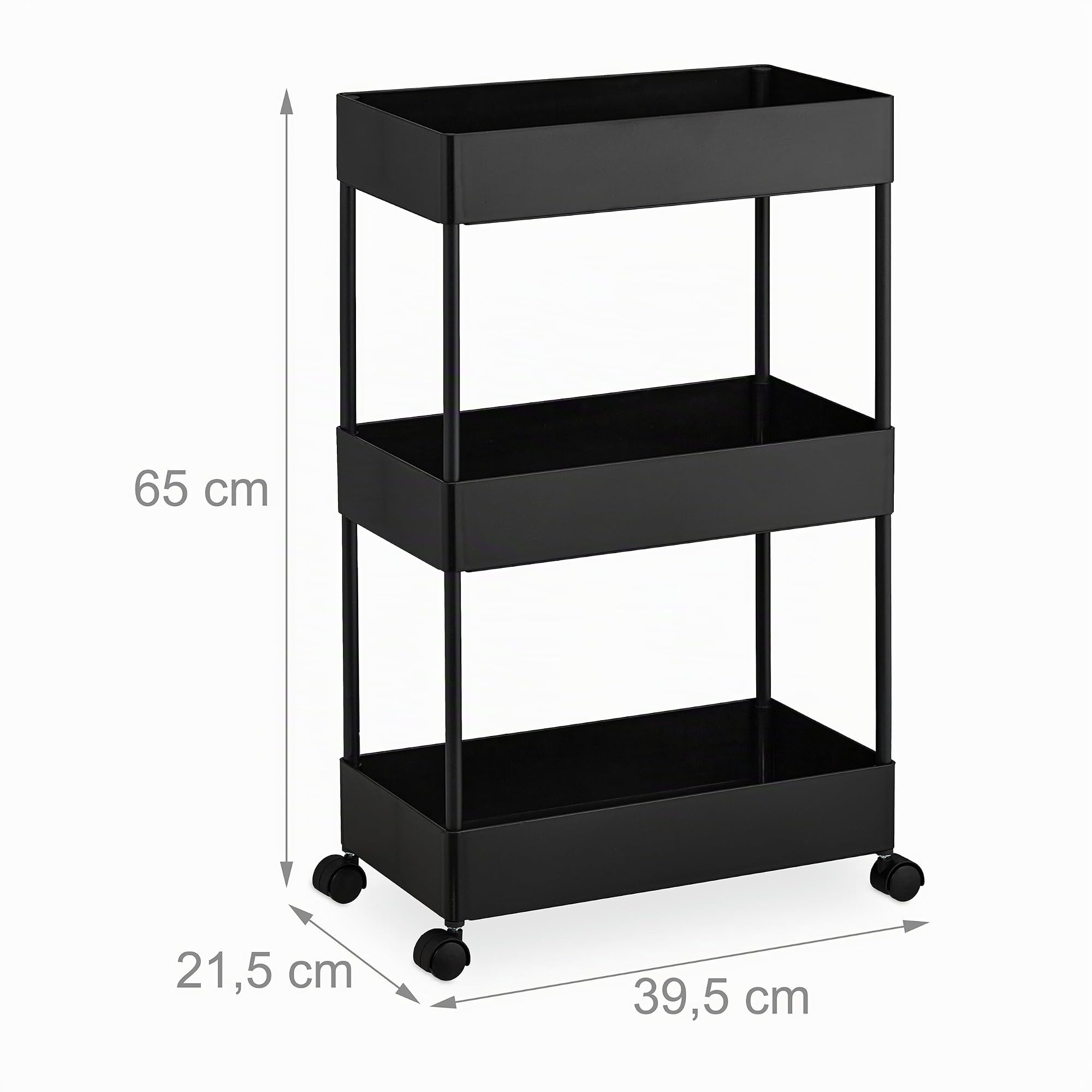 Relaxdays Carrito Auxiliar Ruedas, Carro Cocina 3 Niveles, Camarera, Verdulero, Baño y Oficina, 65x39,5x21,5cm, Negro
