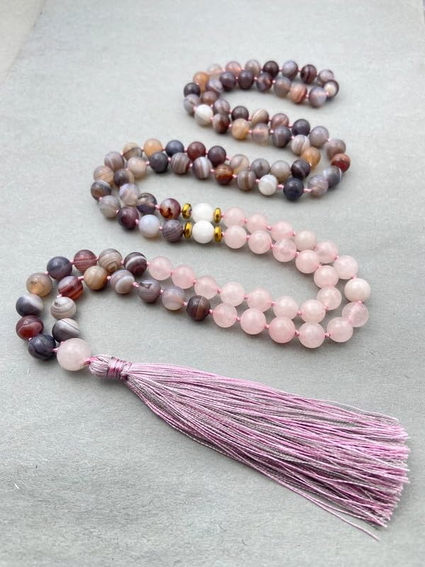 Collier Mala en Agate du Botswana AAA et Quartz Rose noué main pour méditation - 2
