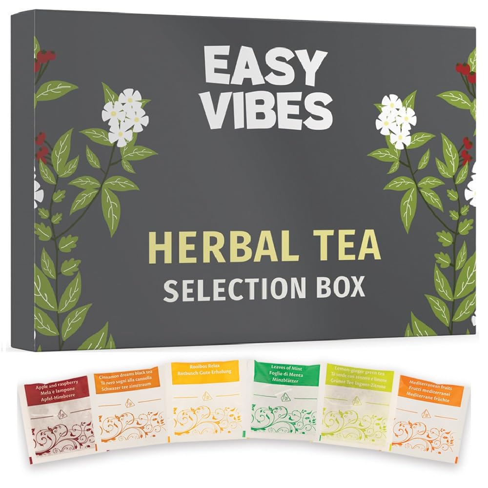 Easy Vibes - Gift Box | Herbal Tea Selection Box | 24 Sachets - Pyramidal Filters | 6 Flavours | Hamper Style Gift Idea for Him & Her