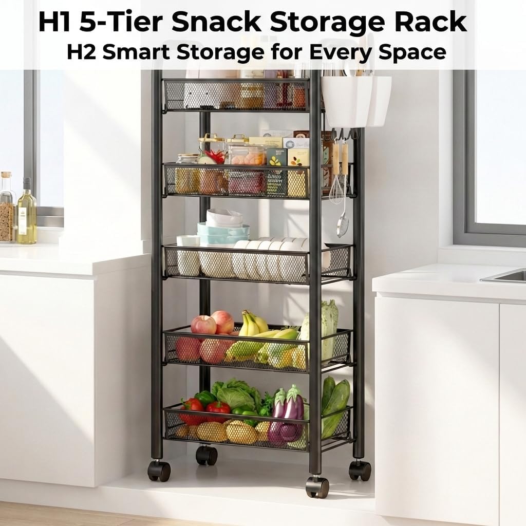5 Tier Slim Fruit Basket, Stackable Vegetable Storage Cart for Kitchen, Metal Wire Fruit Basket Organizer On Wheels, Rolling Produce Pantry Snack Rack for Fruits, Potato, Onion, Snacks