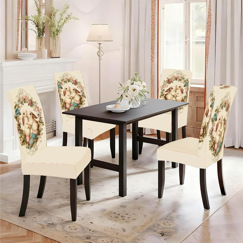 Image of Vintage Easter Bunny Dining Chair Covers Set of 4 Slipcover