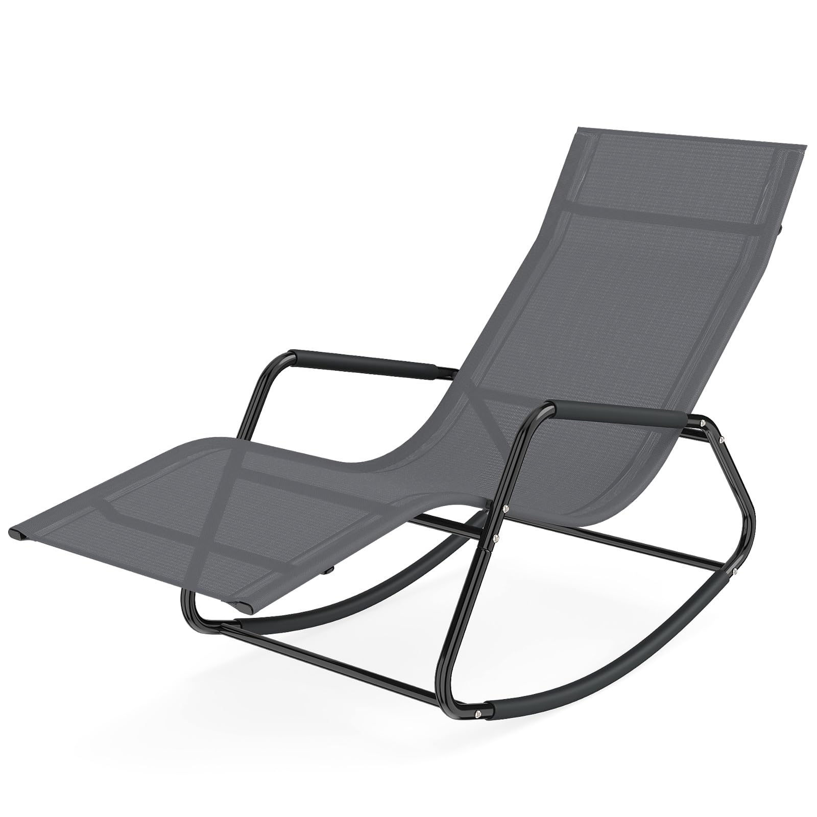 RELAX4LIFE Garden Sun Lounger, Outdoor Rocking Deck Chair with Curved Armrests & Rocking Function, Heavy Duty Metal Frame Reclining Furniture for Backyard Porch Balcony Camping (Grey)