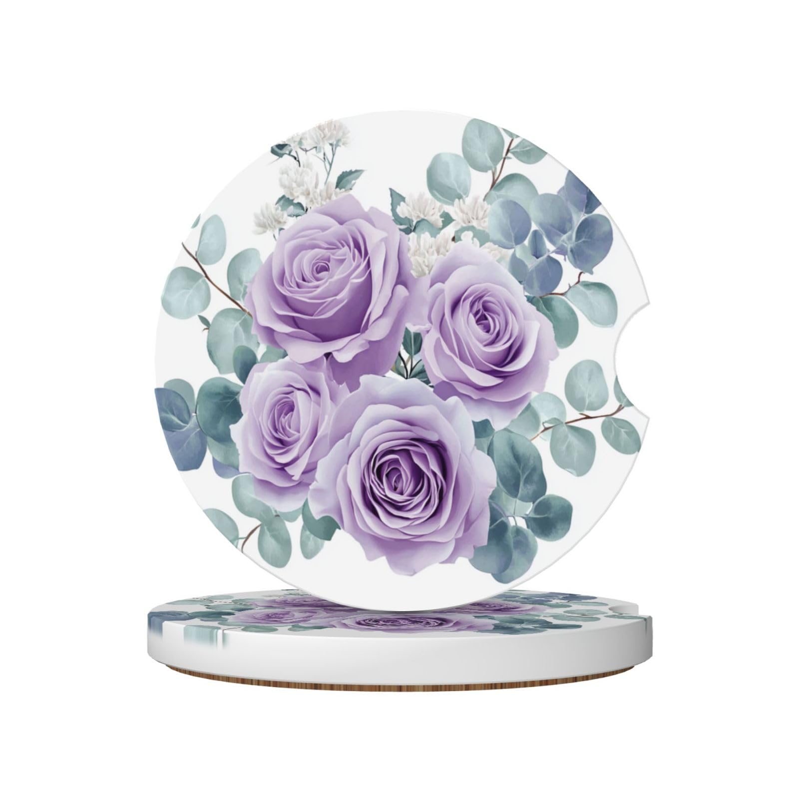 Purple Roses and White Eucalyptus Ceramic Coasters,2pcs