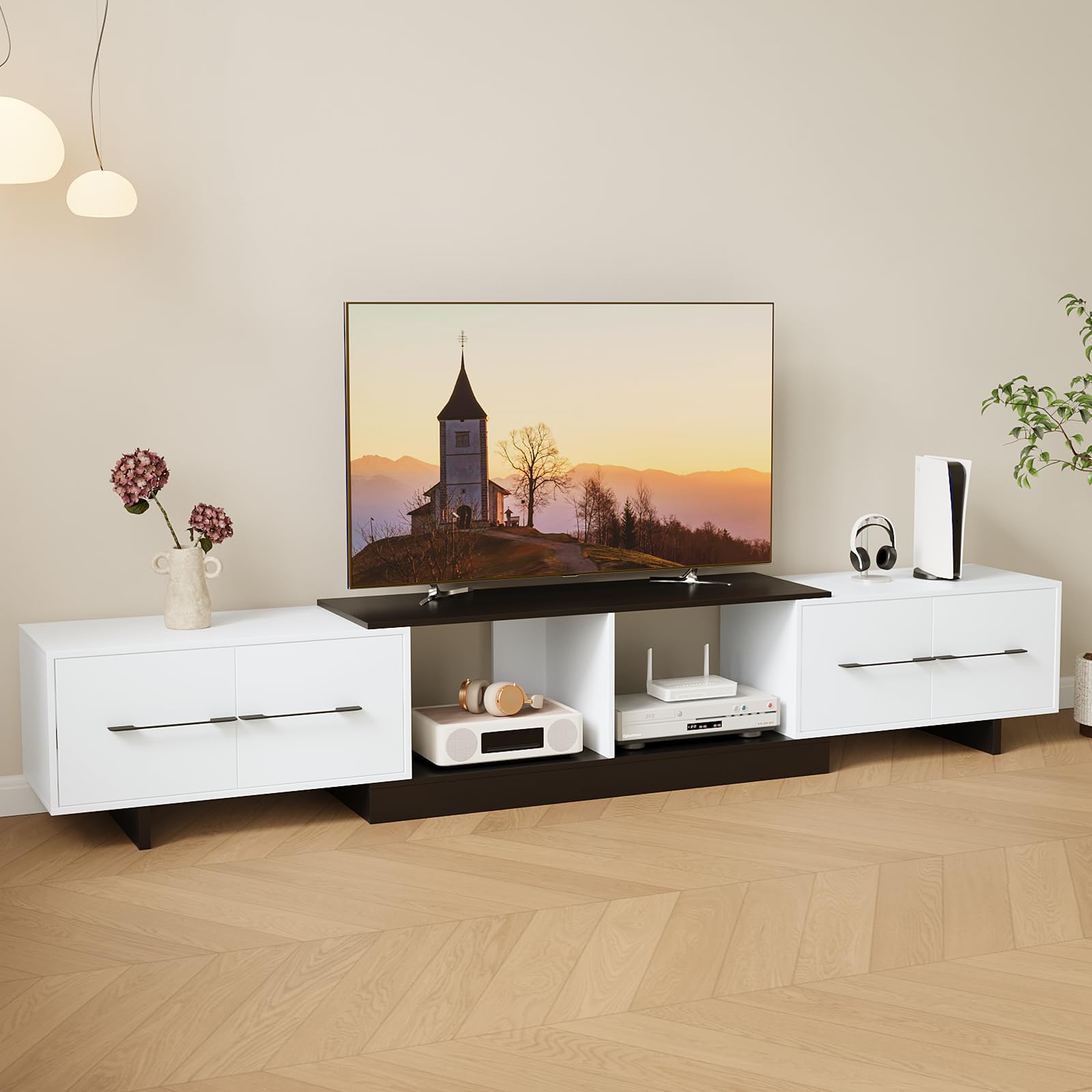 Ausziehbares TV Schrank 190-260cm，Holz TV Lowboard mit 4 Schubladen, für 120 Zoll Fernseher，Moderner TV Möbel für Wohnzimmer