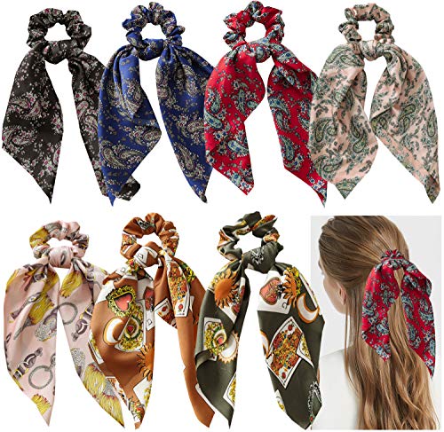 Ehope 7 Pcs Hair Scrunchies Silk Elastic Hair Bands Hair Scarf Ponytail Holder Scrunchy Ties Vintage Accessories for Women Girls (7PACK-1)