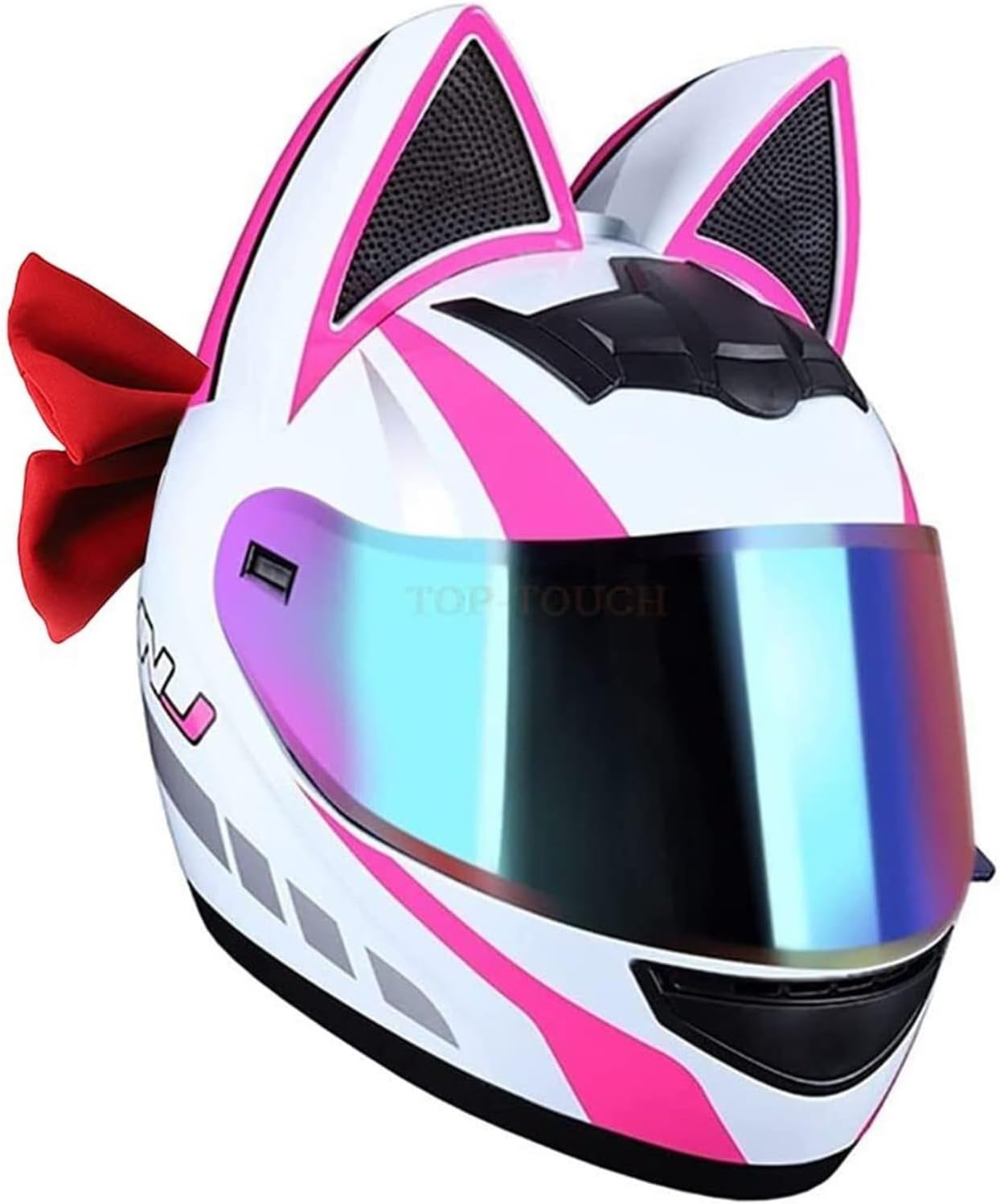 Dot Approved Cool Cat Ear Full Face Motorcycle Helmet with Bow Tie, Adults Men Women Flip up Motorbike Modular Helmet for Cruiser Chopper Moped Scooter ATV