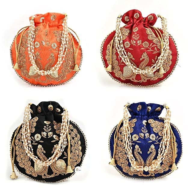 25 Assorted Indian Peacock Embroidered Potli Bag Pouch Drawstring Bag for Women Wedding Favor Return Gift for Guests - Style Speaks