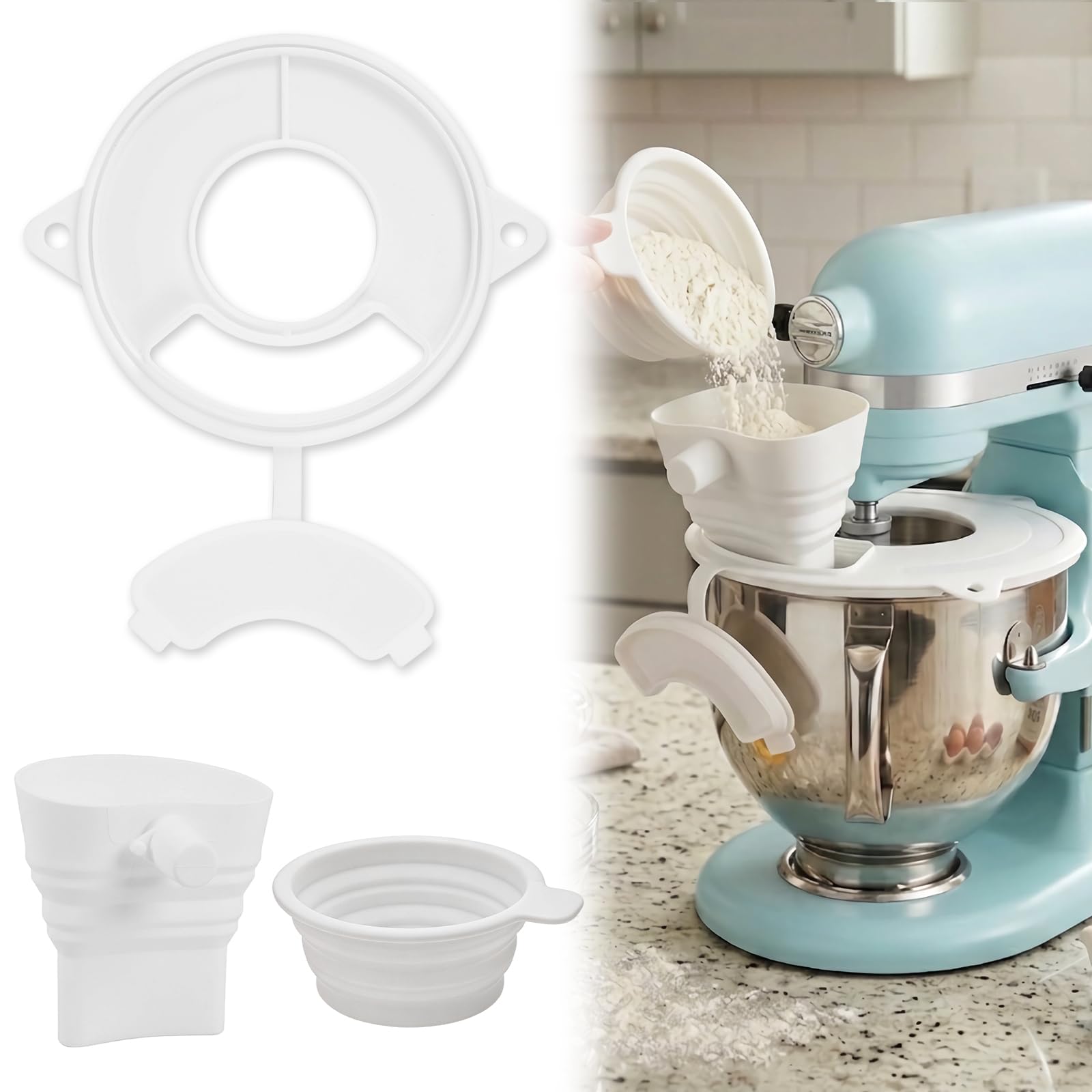 Photo 1 of 1 Pack Flour Funnel + 1 Pack Bowl Cover for KitchenAid 4.5-5 Qt Stand Mixers, Silicone No-Mess Pouring, Foldable Design, Add Ingredients Without Stopping Mixer, Compatible with KSM150 (White)