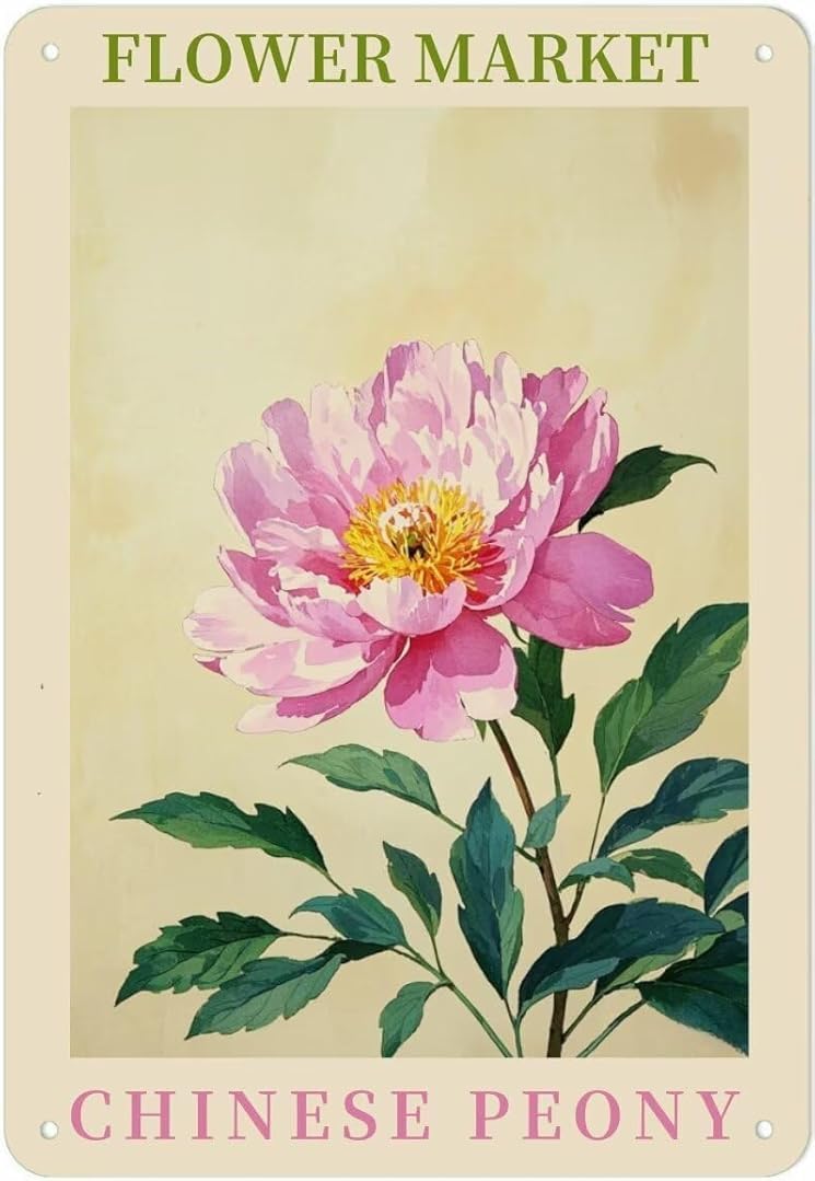 Flower Market Chinese Peony Vintage Retro Funny Wall Décor for Home Washroom Cafe Pub Bar Office Store 8x12 Inches