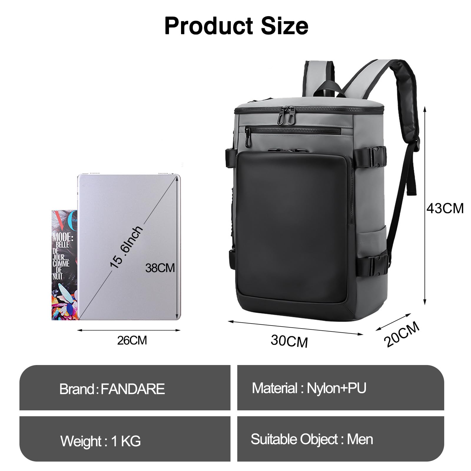 FANDARE Rucksack Herren Convertible Laptop Schulrucksack Business Reisen Schulranzen Arbeit Handgepäck Flug Genehmigt Bordgepäck Kabinenrucksack für Reise Weekender Trip Wasserdicht Nylon Grau