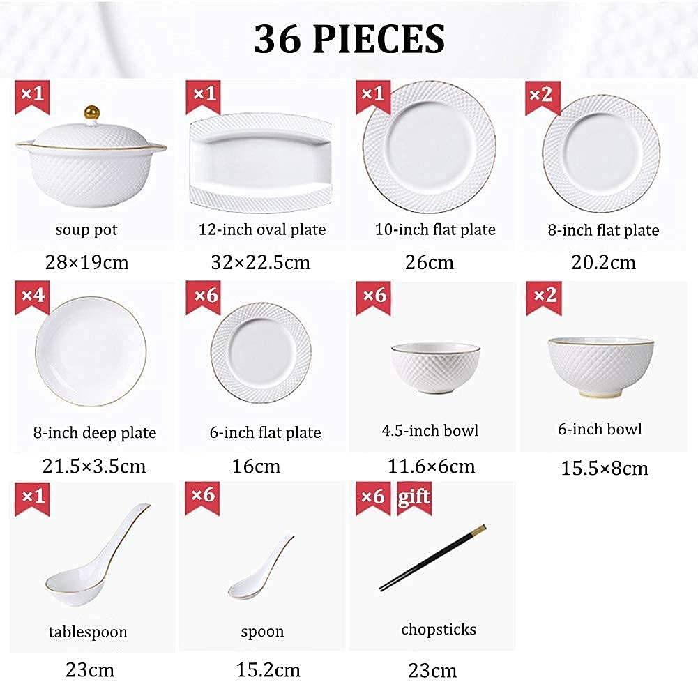 Ceramiczny zestaw zastawy stołowej, porcelanowa zastawa stołowa dla 6 osób, zawiera miski, talerze, garnek do zupy i łyżkę z białym tłoczeniem i złotym wzorem obramowania