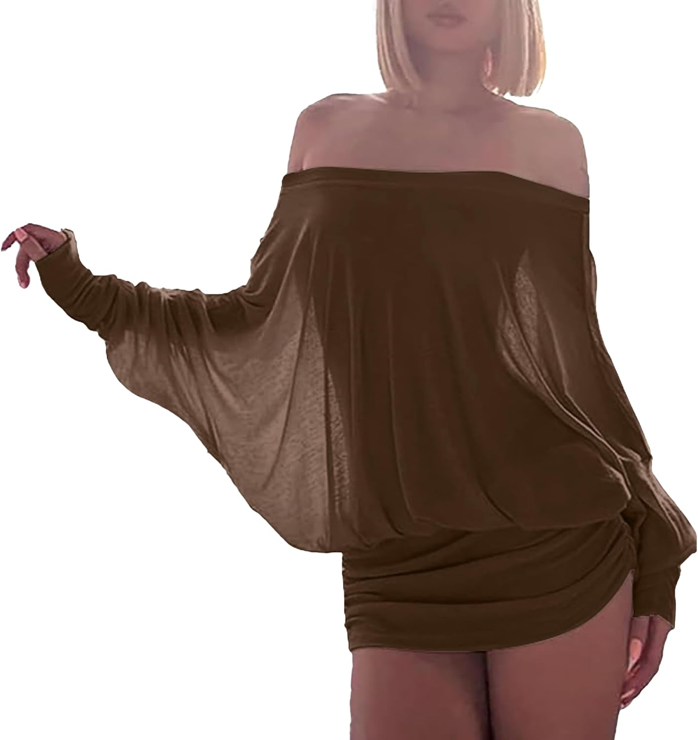 Ophestin Off The Shoulder Batwing Dress for Women Ruched Casual Going Out Long Sleeve Mini Dresses Loose