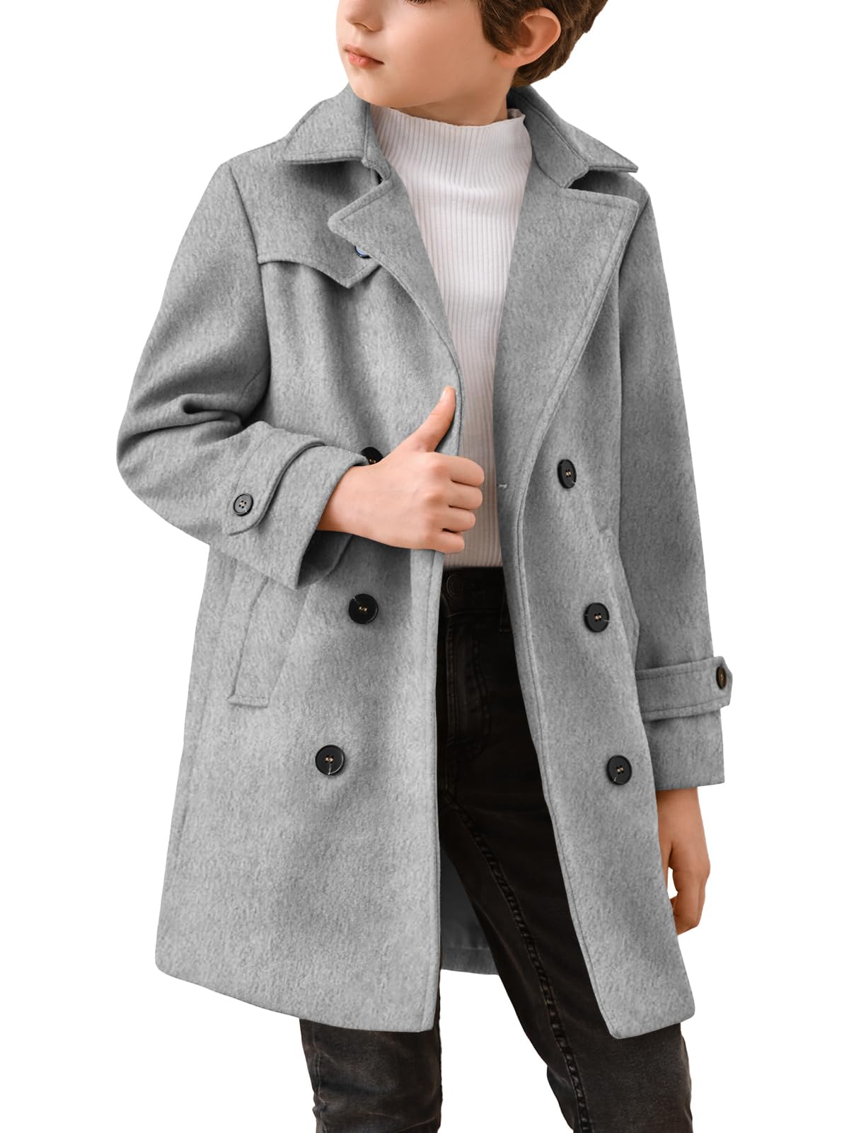 Haloumoning Boys Double Breasted Peacoat Notched Lapel Collar Wool Blend Long Coat with Pockets