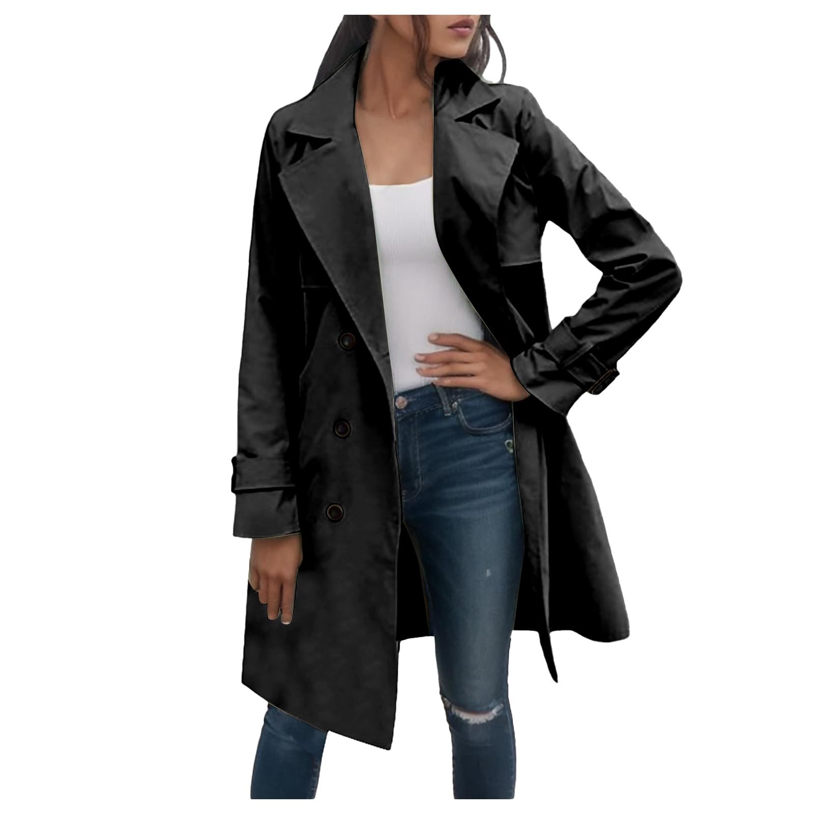 Generisch Trench - Giacca a vento da donna, tinta unita, sottile, doppiopetto con cintura, largo, casual, antivento