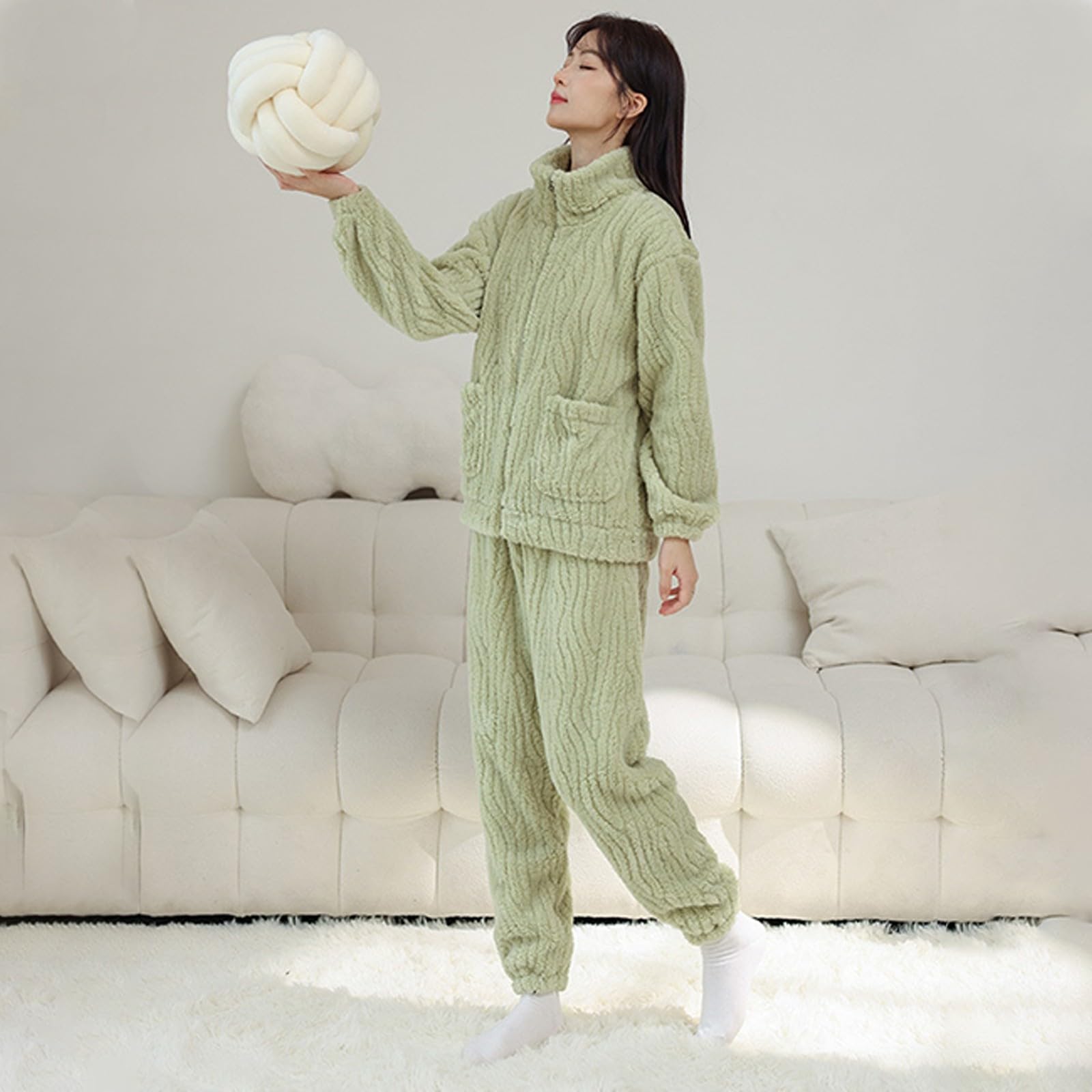 Generisch Pigiama da donna in peluche, morbido, caldo, in pile, per donne, carino, 2 pezzi, abbigliamento invernale, biancheria da notte, da jogging, tinta unita, caldo e spesso, completo con zip