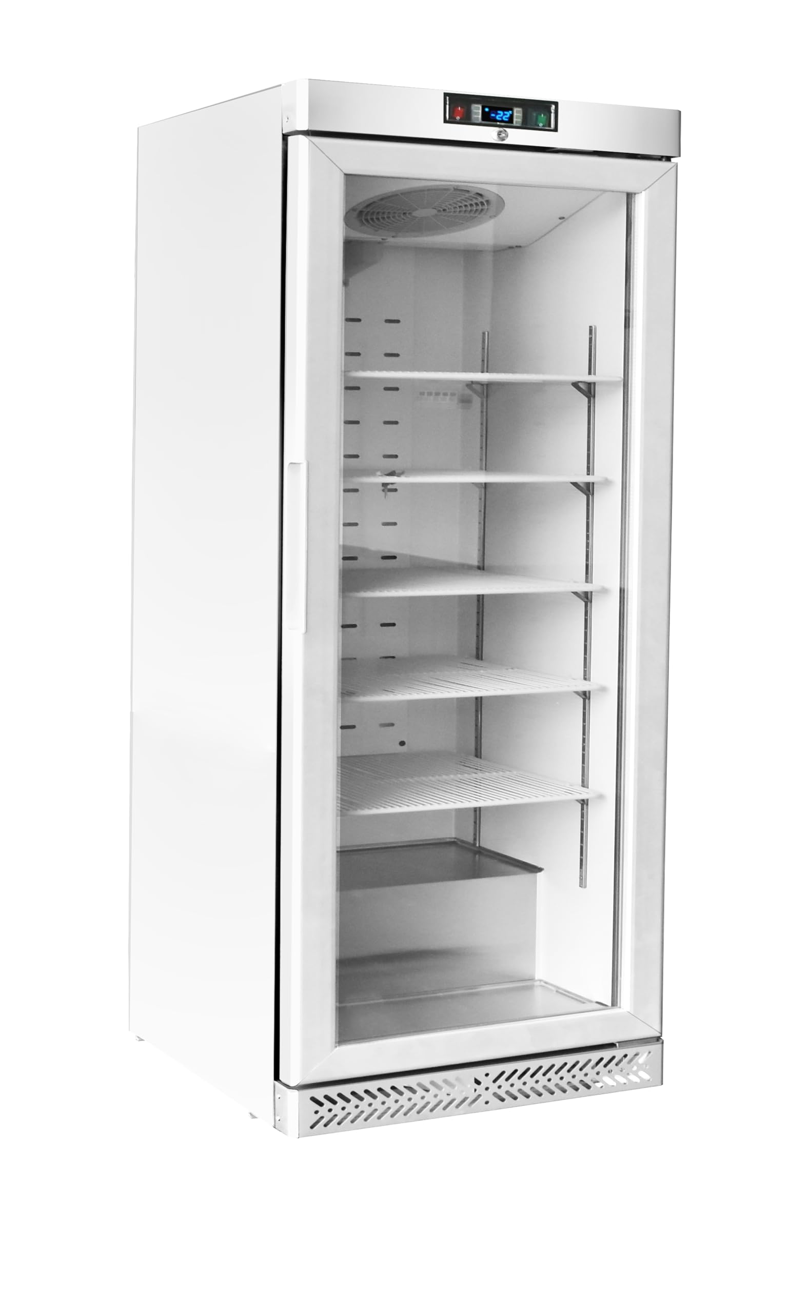 METRO Professional Congelatore con Porta in Vetro GFR6600G, 380L, 5 Ripiani, Illuminazione LED, Serratura, 2 Ruote, Bianco