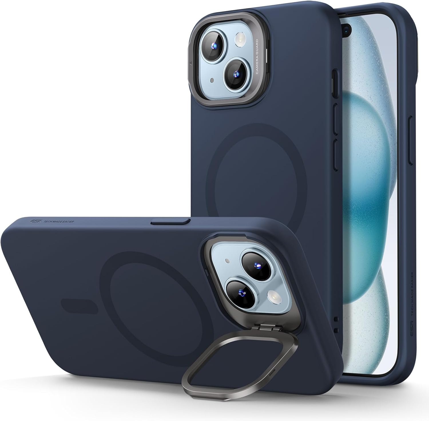 Etui ESR dla iPhone 15 Plus, pokrowiec silikonowy MagSafe ze stojakiem, ochrona klasy wojskowej, wbudowany stojak na aparat, magnetyczny futerał na telefon do iPhone'a 15 Plus, Cloud Series, Dark Blue