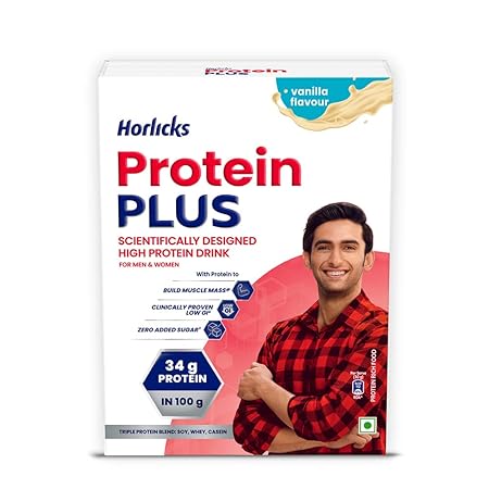 Horlicks Protein Plus Vanilla High Protein Drink for Adults 400 g Jar, Whey, Soy & Casein Powder Blend - For Muscle Mass & Strength, Veg