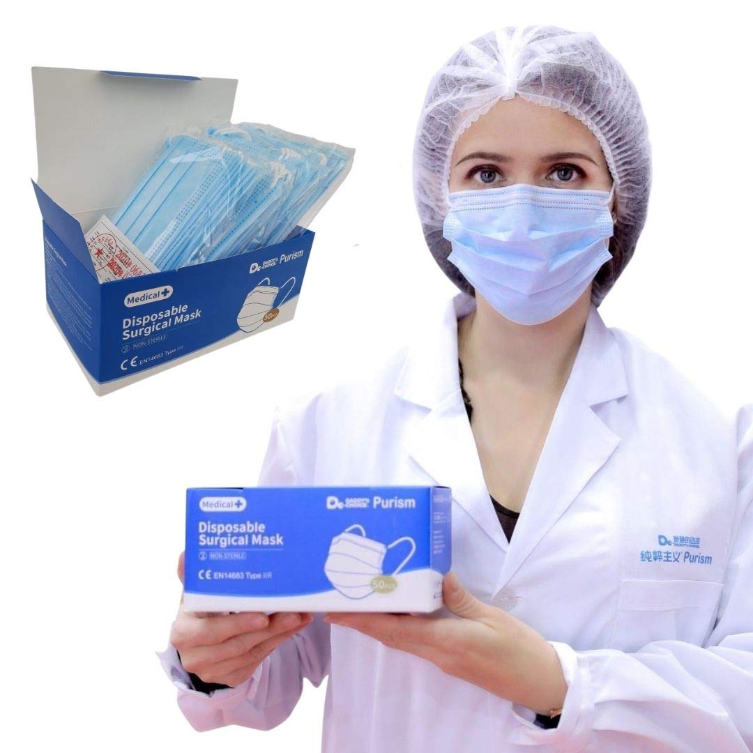 Purism 3-Ply Disposable Surgical Face Masks, Sealed Melt-blown non-woven, BFE 98% EN 14683 Type IlR Non-Sterile, Pack of 50
