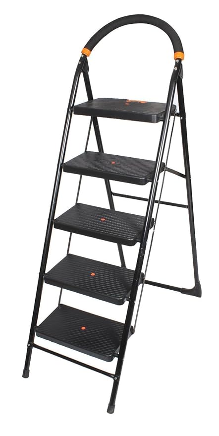 ZOSHOMI Cameo Folding Ladder with Wide 5 Step and Steel Frame, Black, L 52 x B 45 x H 127 cm-Made in India