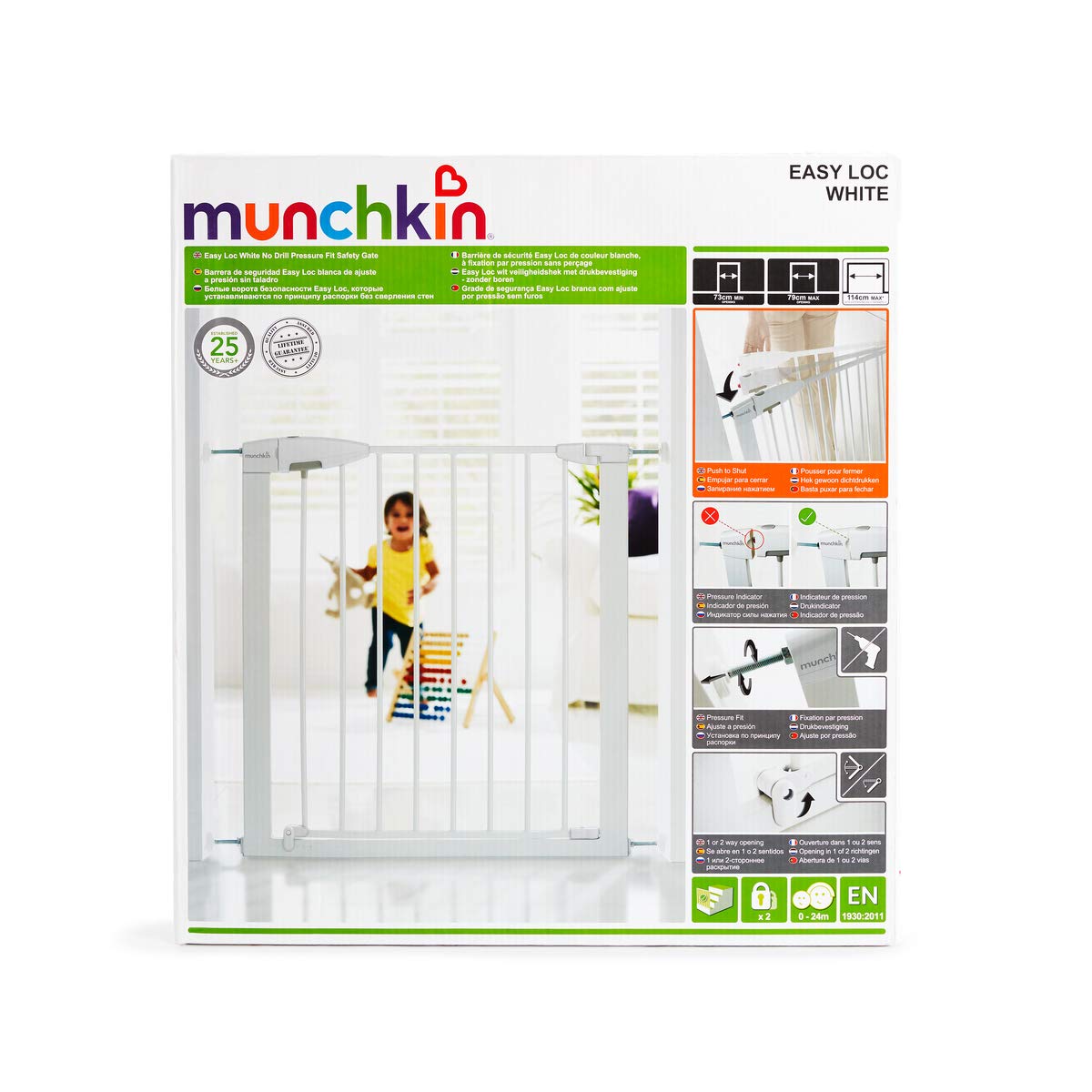 Munchkin Barrière de Sécurité Easy Loc Bébé & Tout-Petits | Barrière de Sécurité Large pour Escaliers & Portes | Installation Facile sans Vis | 73-79cm | Blanche