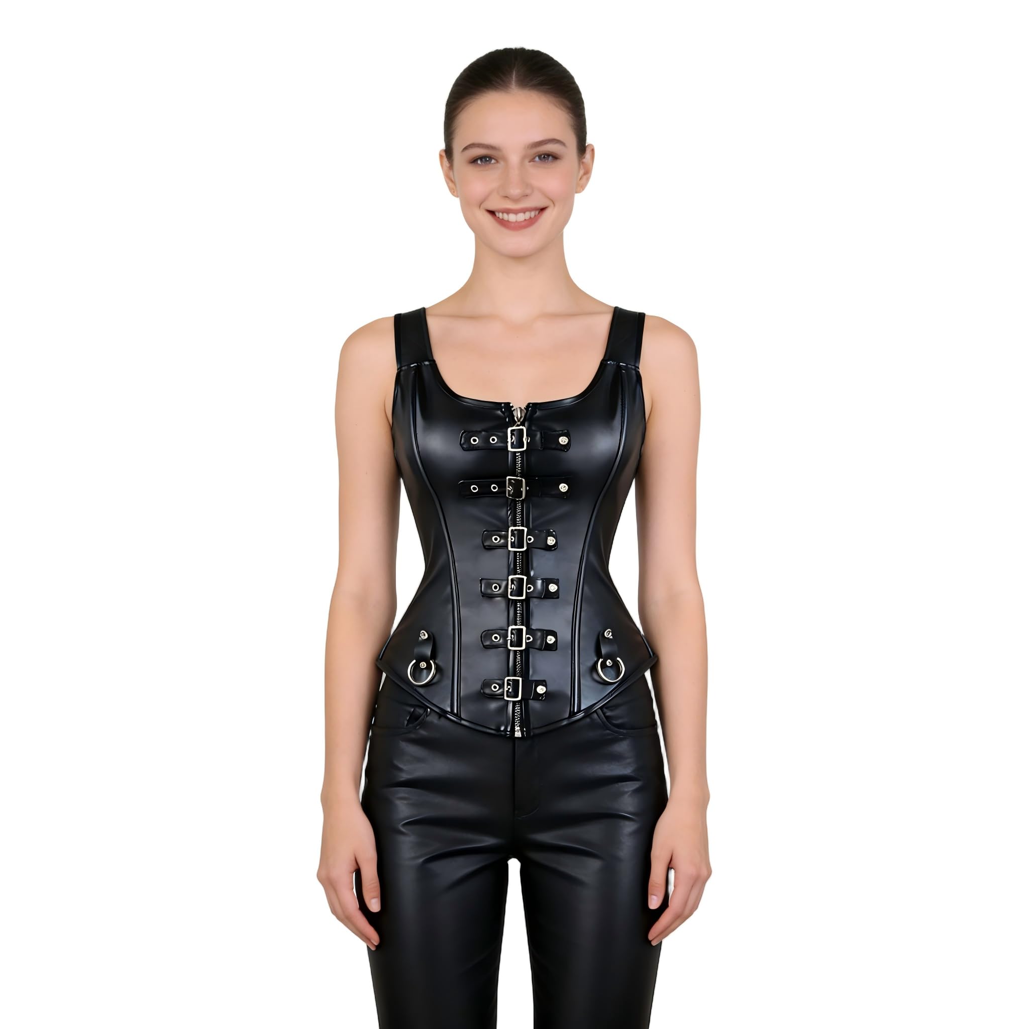 Gotycki gorset ze sztucznej skóry, czarny gorset w stylu steampunkowym, z zamkiem błyskawicznym z przodu, regulowane klamry, ściągacz w talii do kostiumu, cosplay, moda