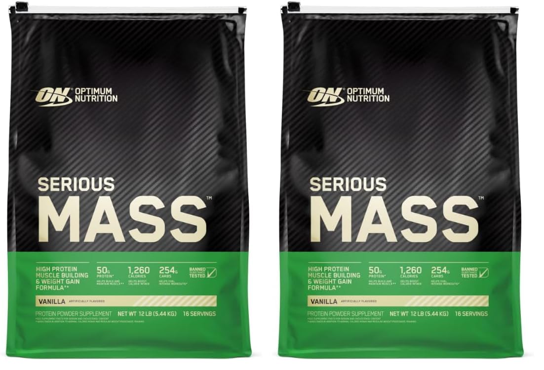 Optimum Nutrition Serious Mass Weight Gainer Protein Powder, Vanilla, 12 Pound (Pack of 2)