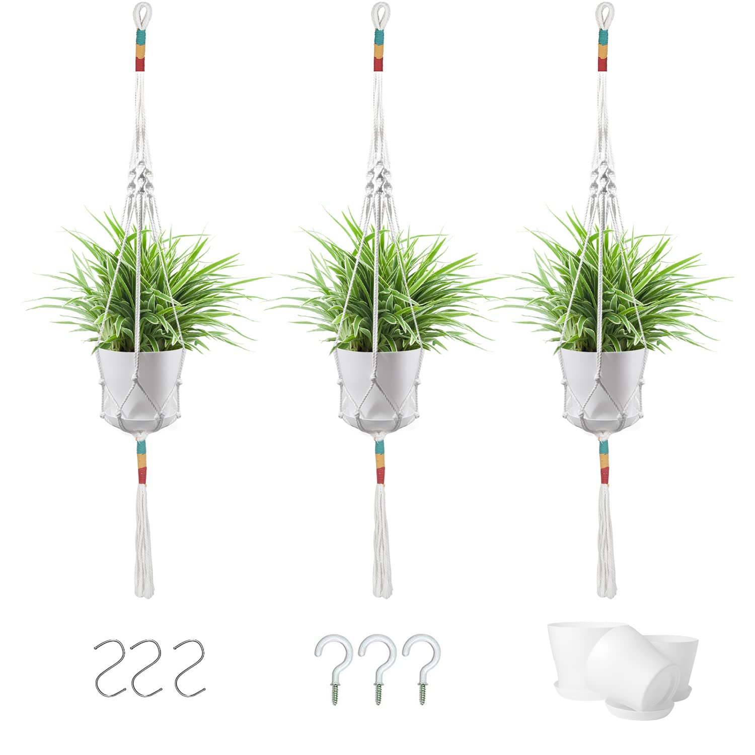 Photo 1 of *** 2 ITEMS *** Aisuoker 3 Pack Macrame Plant Hangers Set, Indoor ? Outdoor Hanging planters with Pots and Tray, 36" Plant Hangers Indoor Wall Decorative, Hanging Plant Holder with 3 Hooks for Indoor Boho Home Decor White 36"