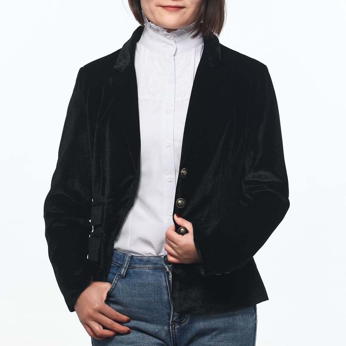 Women Vintage Velvet Blazer Jacket V-Neck Work Office Suit Slim Fit Slit Blazer Long Sleeves Dressy Coat - Image 4