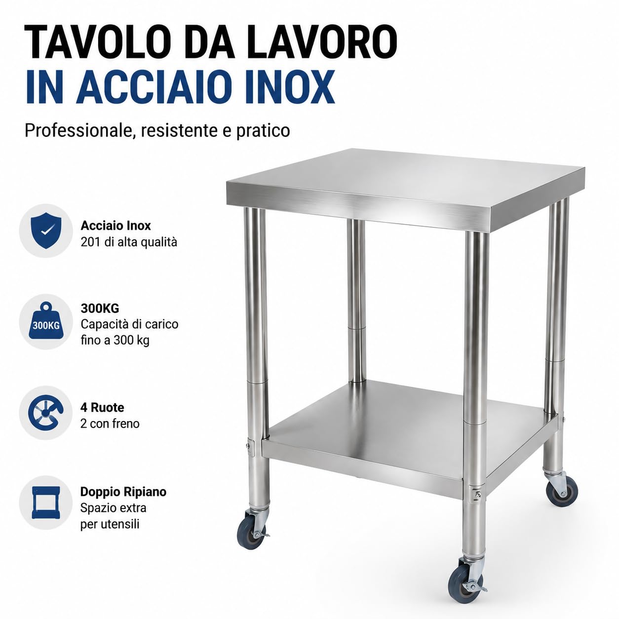 SHZICMY Mesa de trabajo de acero inoxidable con ruedas, 60 x 60 x 85 cm, para cocina, cocina, cocina, cocina, cocina, cocina, cocina, bar, carga de 300 kg