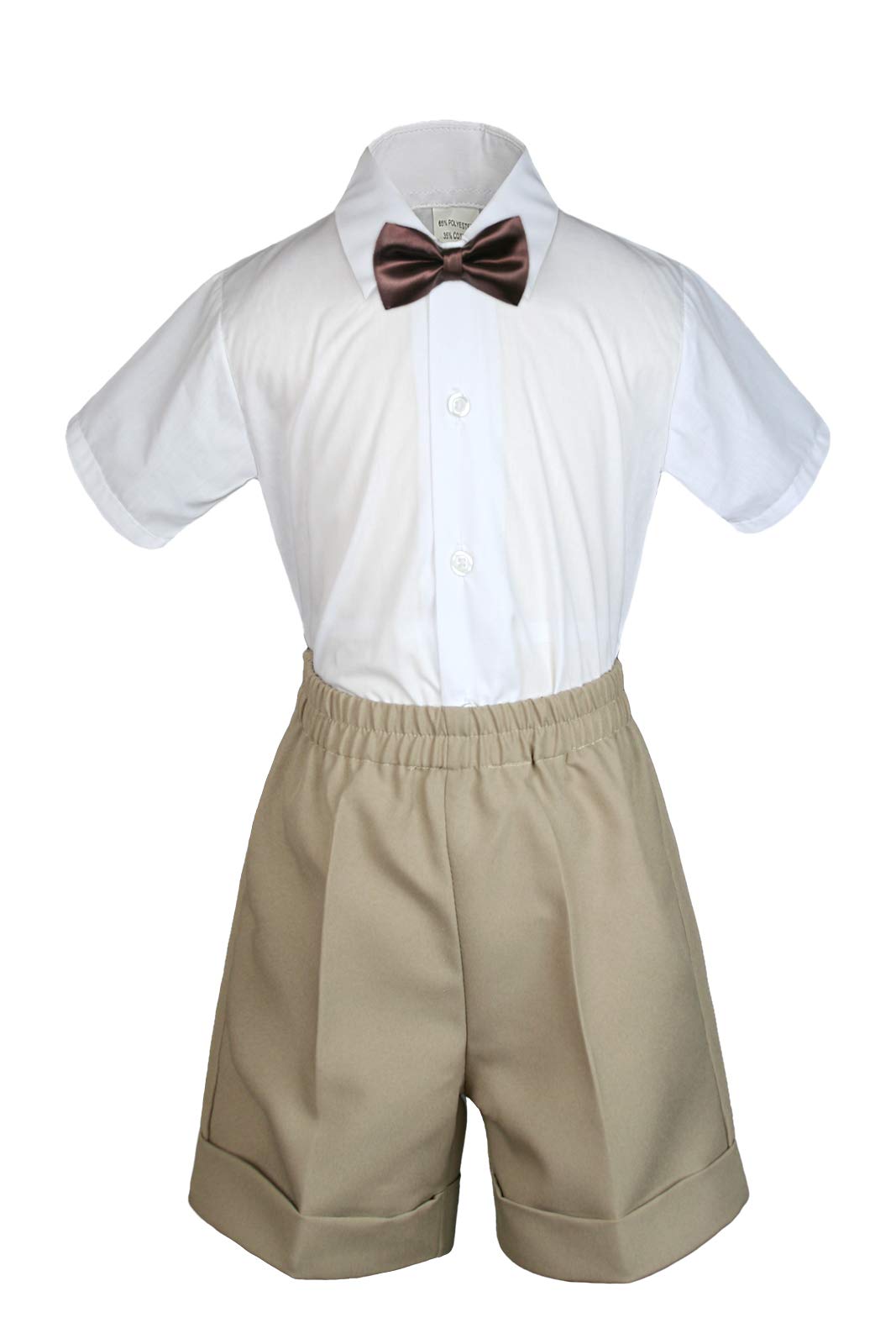 MILLTEX 3 Pieces Set Formal Party Wedding Color Satin Bow tie Shirt Khaki Shorts Set New Born Baby Boy Toddler Sm-4T (L (12-18 Months), Brown)