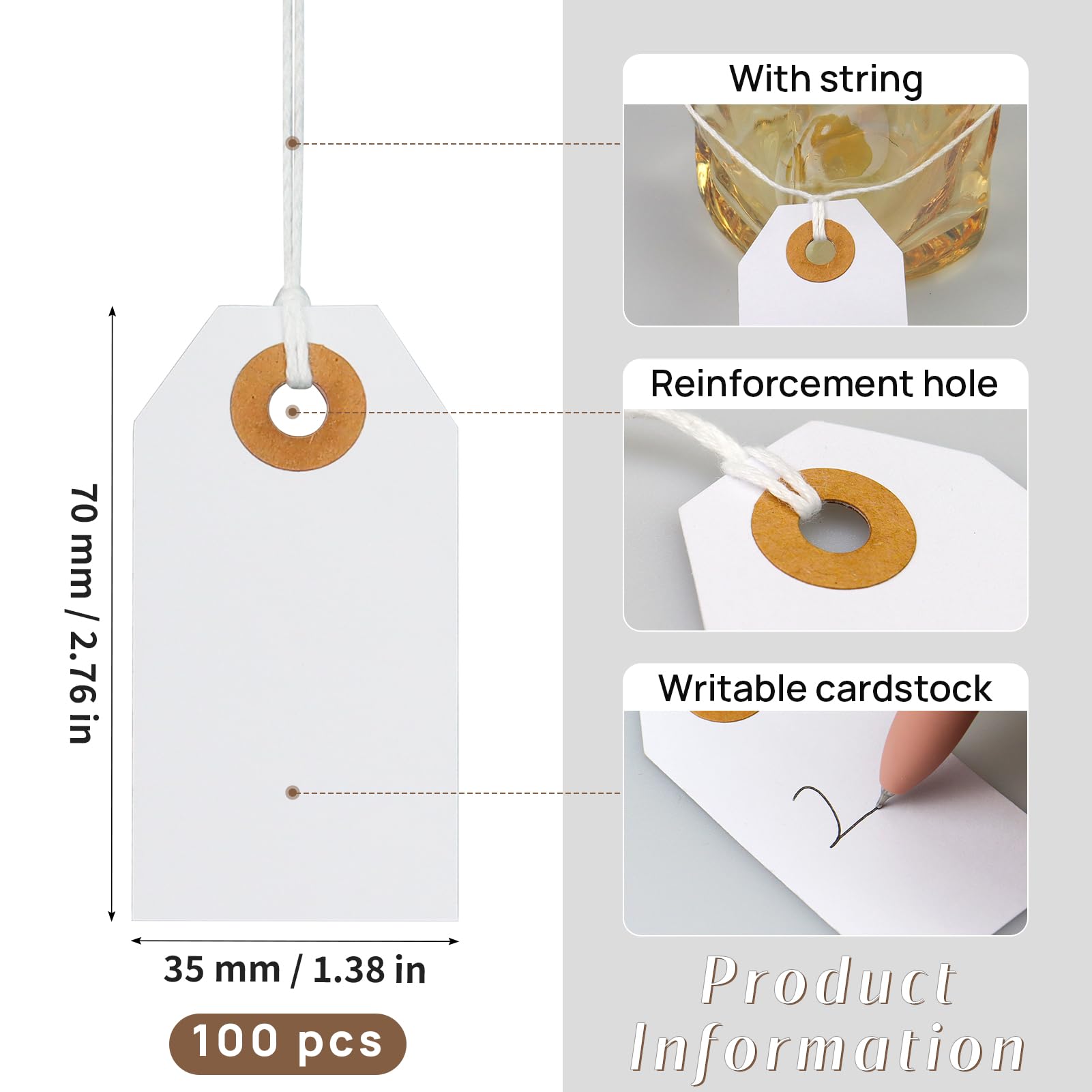 Hanqing Price Tags with String, 100 Pcs Hang Card with Reinforced Hole, Blank Paper Display Tags for Luggage Clothing, Gifts - Image 2