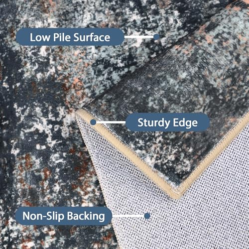 Area Rugs 10x14 for Living Room Bedroom, Modern Abstract Machine Washable Rug, Large Soft Low Pile Floor Cover with Non Slip Backing for Dining Room, Dark Blue Rust