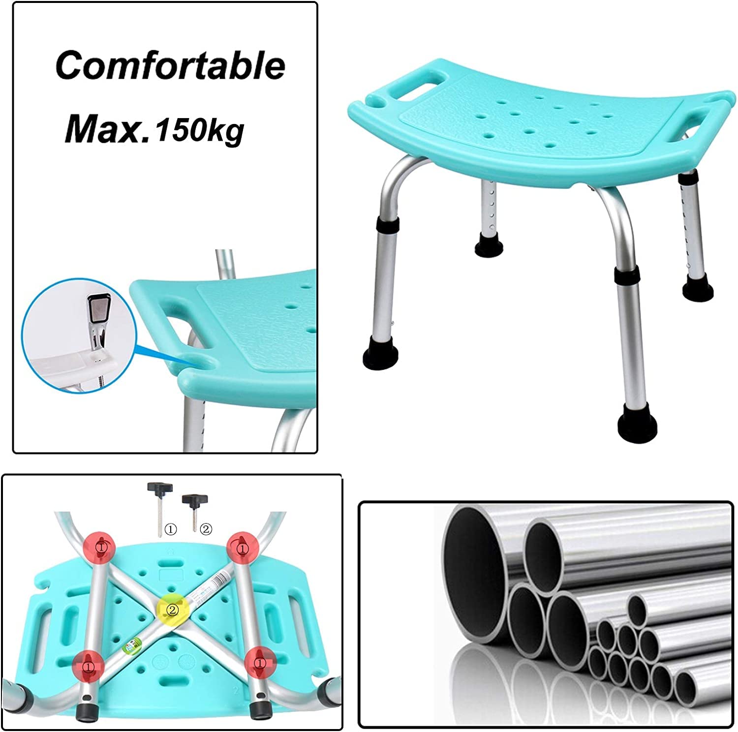 Silla de Ducha para Personas Mayores, Taburete de bañera Compacto, Ligero y Ajustable en Altura, para Adultos con discapacidad, Asiento de Ducha Premium (Azul, 51 x 30 cm)