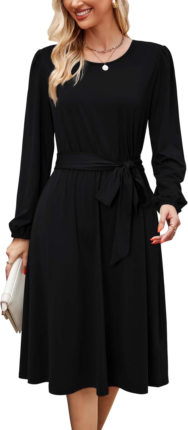 Newshows Womens 2024 Fall Long Sleeve Dress Casual Crewneck Belted A Line Flowy Midi Business Work Teacher Dresses