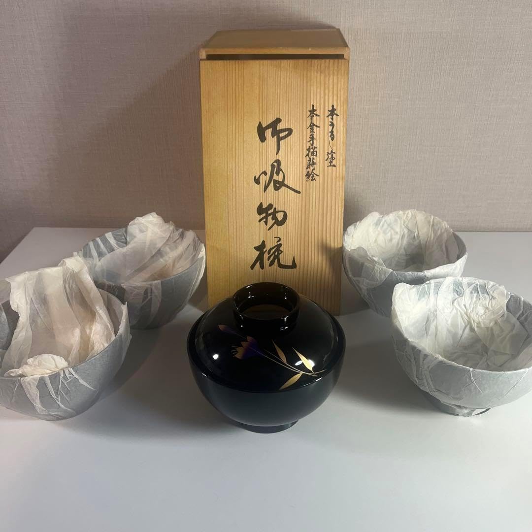 未使用懐石道具 源伸堂 蒔絵寿正作 蒔絵 木製黒塗 吸物椀 5客見返し蒔絵 共箱 懐石道具 源伸堂 蒔絵寿正作 蒔絵 木製黒塗 吸物椀 5客見返し