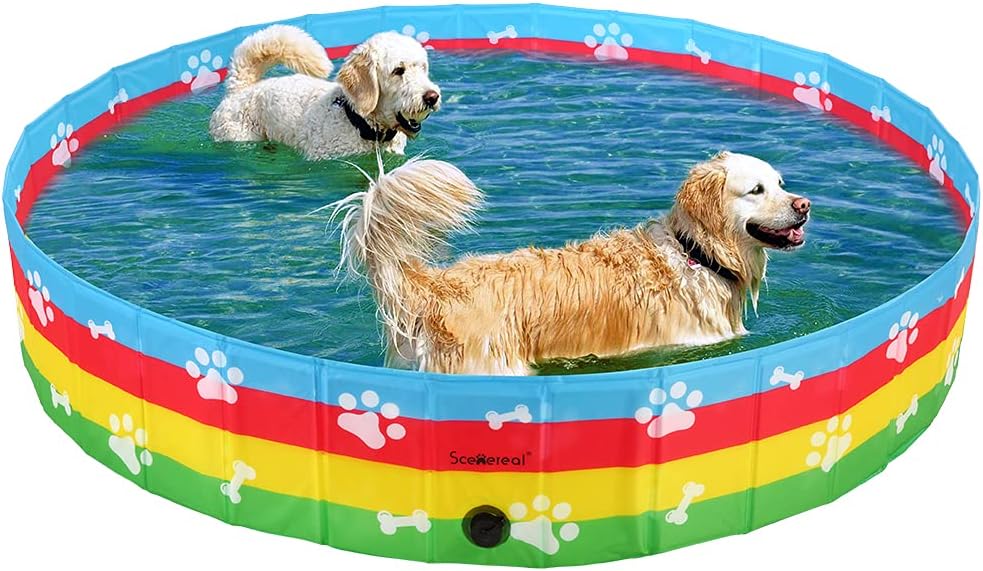 SCENEREAL Foldable Dog Swimming Pool - Collapsible PVC Pet Bathing Tub for Dogs Cats Kids, Portable Kiddie Rainbow Pool with Bone…