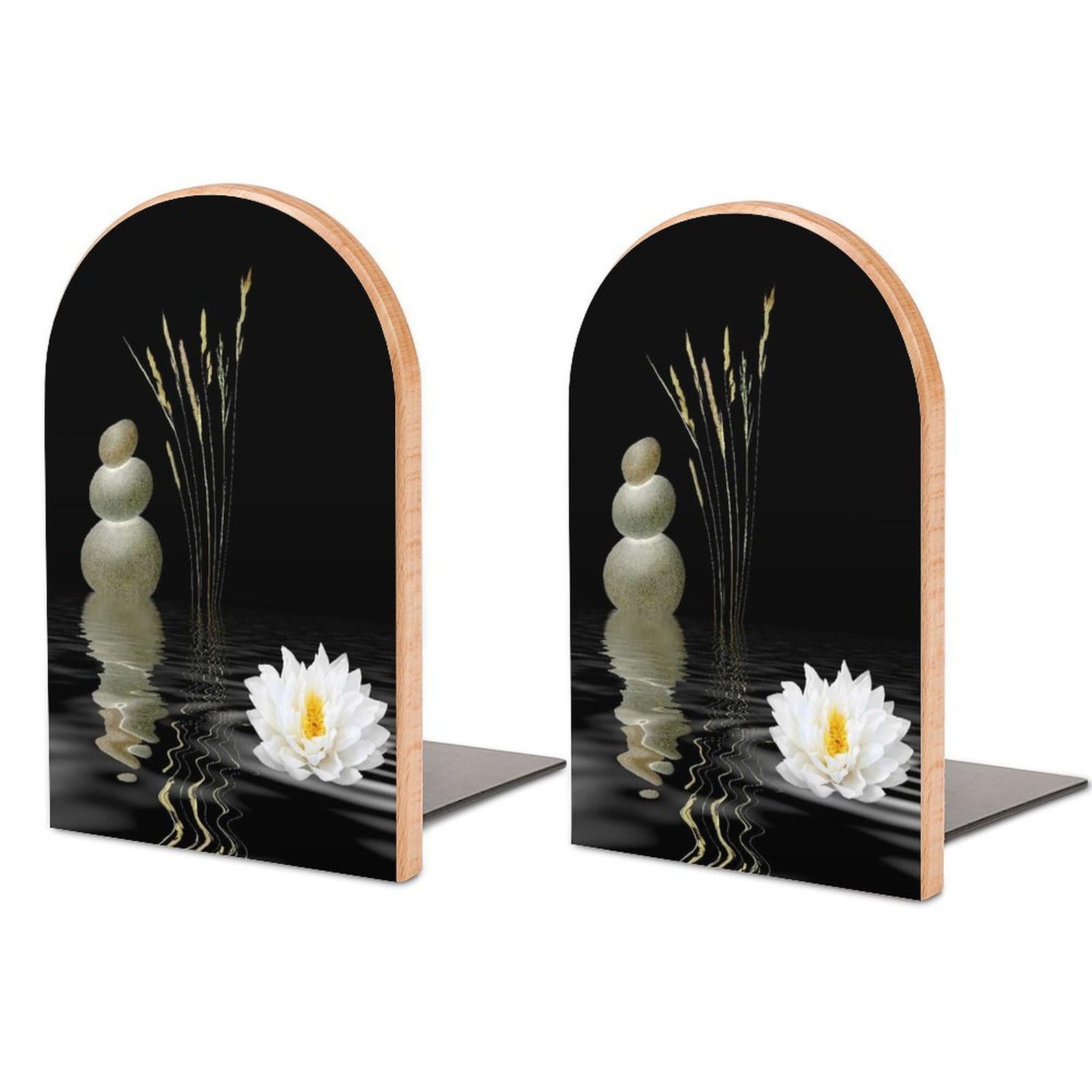 Zen Abstract of Grey Spa Stones A White Lotus Lily Beech Wood Bookends Heavy Duty Book Organizers Desktop File Holder for Office Home Bookshelf
