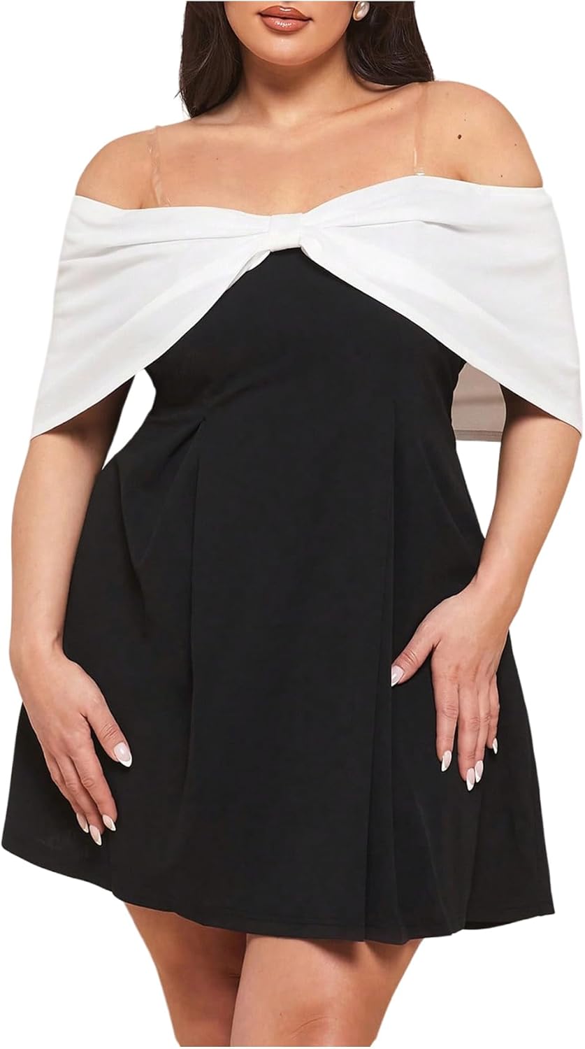 Floerns Women's Plus Size Elegant Off The Shoulder Short Dress Bow Sleeveless A Line Party Dresses