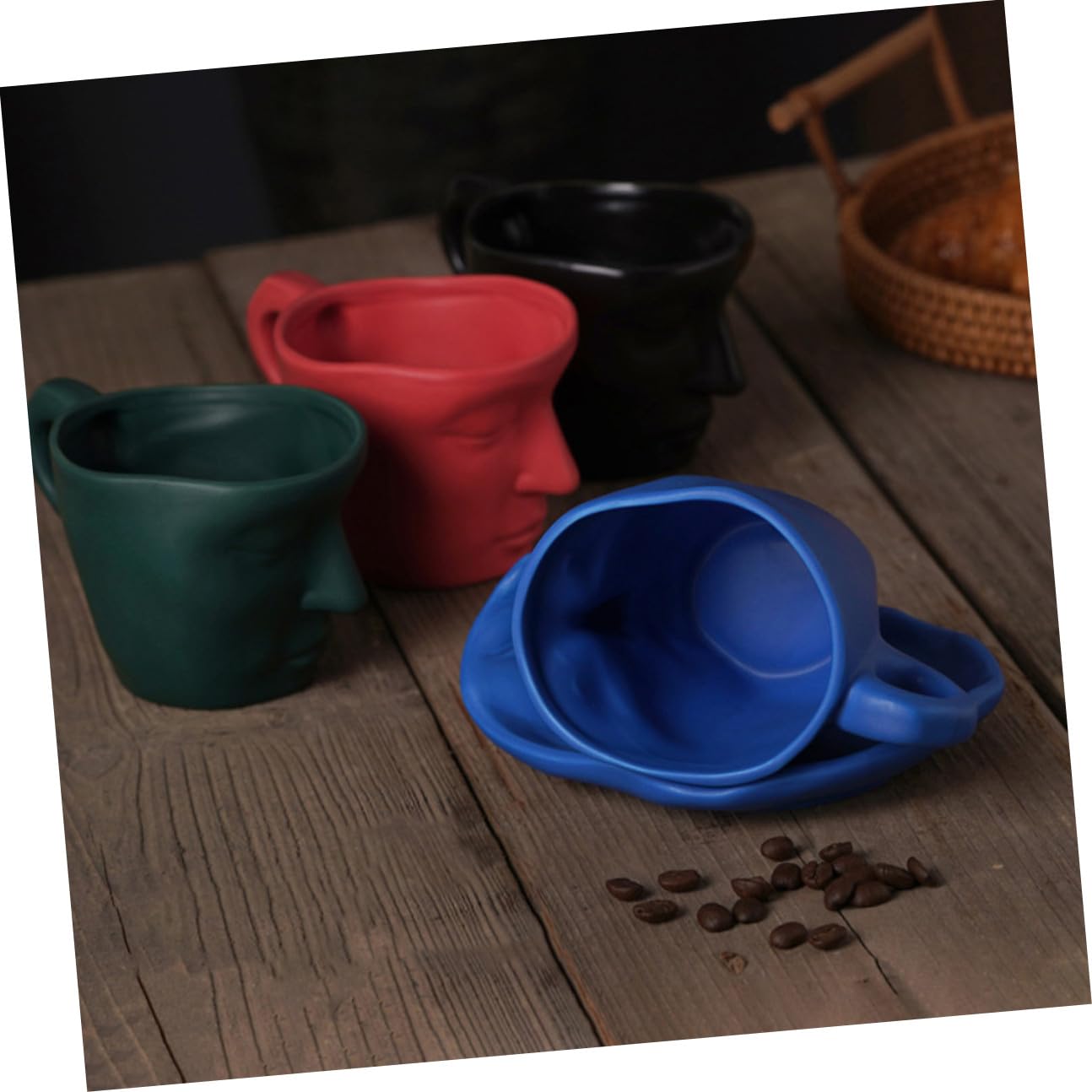 SEWACC Tasse à Café en Céramique 260 Ml avec Soucoupe Design Abstrait Visage Artistique Finition Mate Bleu Pastel Ensemble 1 Pièce pour Café Thé Lait – Présent Anniversaire Couples