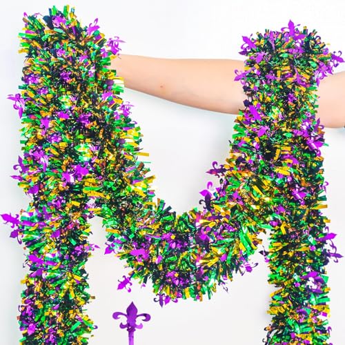 Mega-L Mardi Gras Tinsel Garland Decorations, 26.25Ft Green Gold Purple with Fleur-De-Lis Chunky Glittery Holiday Hanging Tinsel Decorations for Carnival Parade Car Party Supplies Home Decor