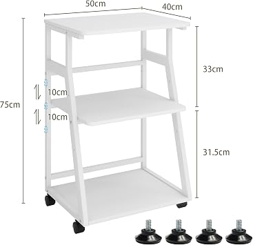 PUNCIA 50x40x75cm 3 Tier Printer Table with Storage | Rolling Cart with Adjustable Shelf for Home Office Organization, Stand for Heat Press, 3D Printer (White)