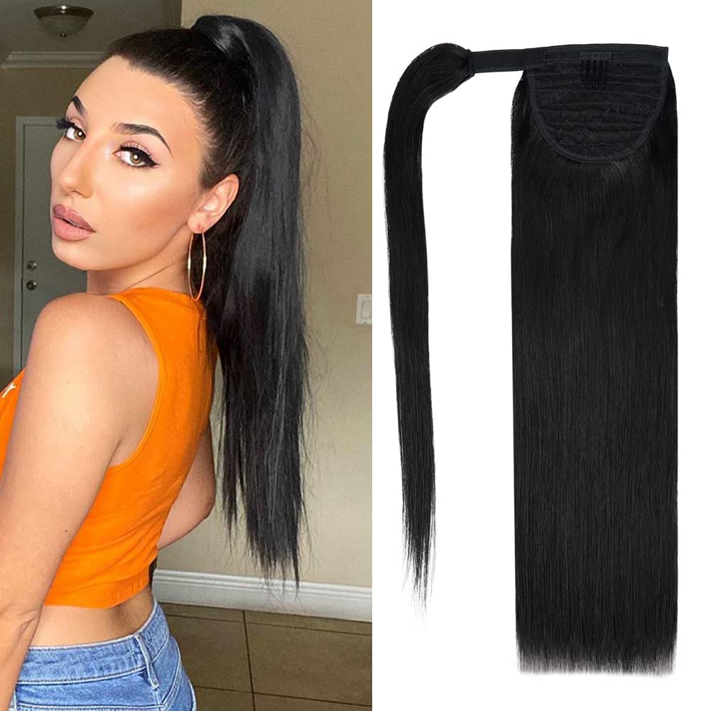 1 Jet Black Bone Straight Ponytail Clip on Hair Amazon.com : 16 main image 4