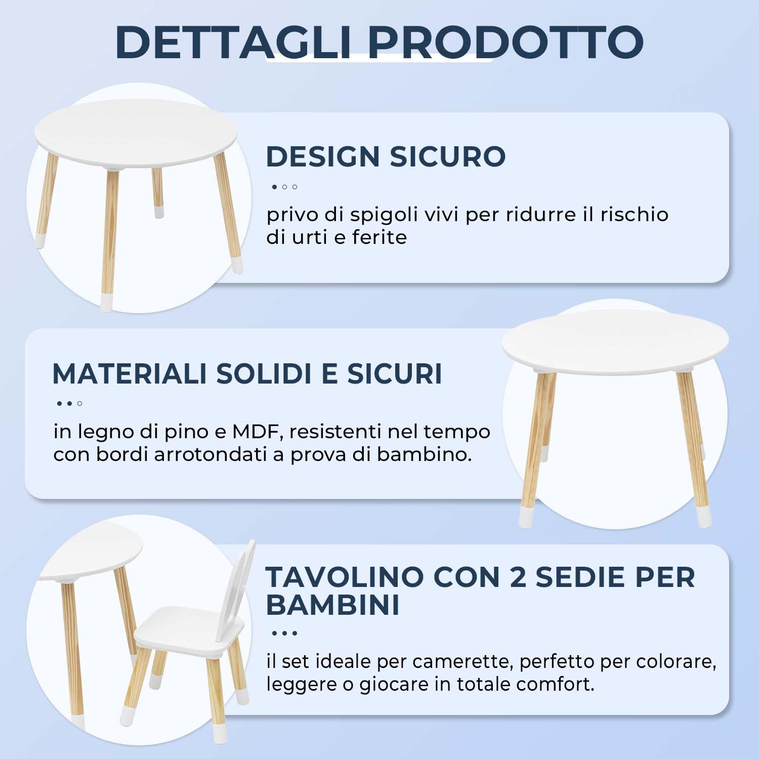 Rebecca Mobili Set Tavolino E Sedie Per Bambini, Tavolo Bambini Con Seggiole, Bianco Marrone, MDF Pino, Per Cameretta Asilo - Misure: 44 x 60 x 60 cm / 50 x 28 x 25 cm - Art. RE6849